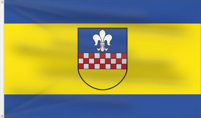 Flag, with two metal eyelets and reinforced hoist: Breckerfeld Beschreibung der Flagge Die Flagge ist von Blau zu Gelb zu Blau im Verhältnis 1 3 1 quergestreift