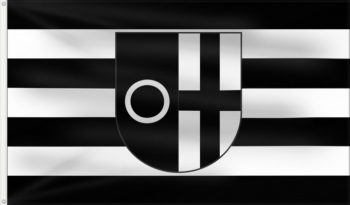 Flag, with two metal eyelets and reinforced hoist: Datteln Beschreibung der Flagge Die Flagge der Stadt Datteln zeigt in der Mitte das Stadtwappen auf schwarz - weiß gestreiftem Felde in waagerechter Anordnung über 4 schwarzen und 3 weißen Streifen