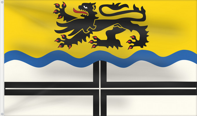 Flag, with two metal eyelets and reinforced hoist: Dormagen	Banner und Hissflagge  zeigt in der oberen Hälfte auf gelbem Tuch den rotbewehrten und -bezungten schwarzen Löwen und durch einen blauen Wellenbalken geteilt in der unteren Hälfte auf weißem Tuch das schwarze Kreuz