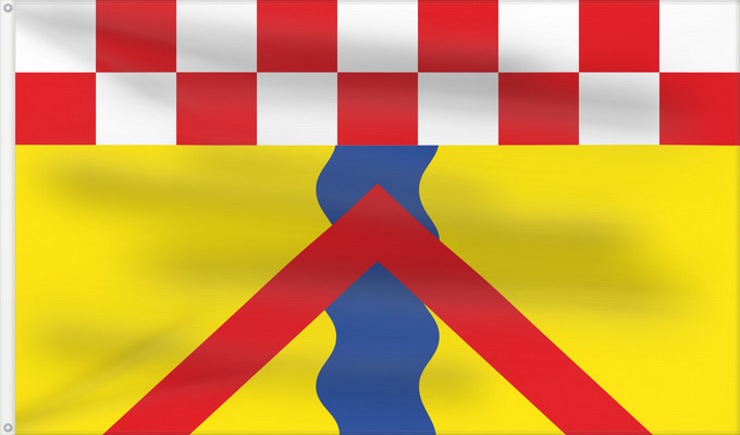 Flag, with two metal eyelets and reinforced hoist: Ennepetal	Beschreibung der Flagge  Die Hißflagge zeigt im Flaggenhaupt einen neunteiligen zweizeiligen Schachbalken in der Farbfolge Weiß/Rot; darunter ein gelbes