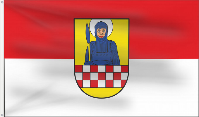 Flag, with two metal eyelets and reinforced hoist: Froendenberg	Fröndenberg	Beschreibung der Flagge  Rot-Weiß mit dem Stadtwappen