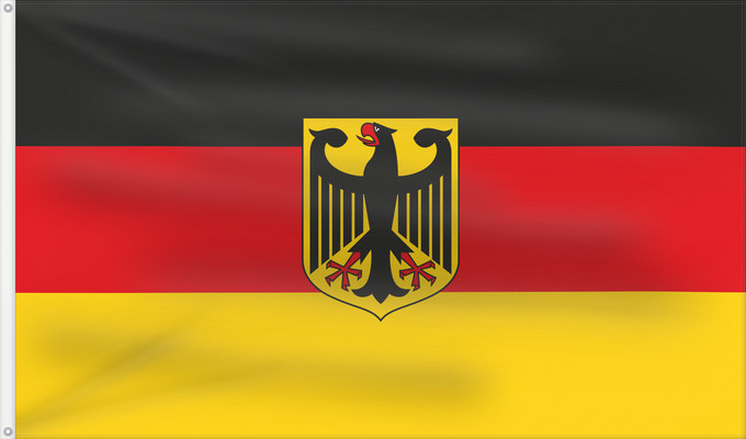 Flag, with two metal eyelets and reinforced hoist: Germany  unoff	State flag of Germany with coat of arms instead of  federal shield   unofficial variant	Allemagne (non officiel)	Alemania (no oficial)	Deutschland (inoffiziell)	Germania (non ufficiale)