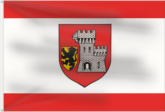 Flag, with two metal eyelets and reinforced hoist: Grevenbroich	Das Banner der Stadt Grevenbroich ist Rot-Weiß-Rot im Verhältnis 1 4 1 längsgestreift mit dem etwas über die Mitte nach oben verschobenen Wappenschild der Stadt