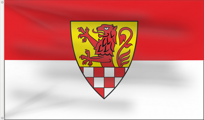 Flag, with two metal eyelets and reinforced hoist: Kreis Unna	Unna District	District de Unna	Distrito de Unna	Beschreibung der Flagge  Der Kreis führt eine Flagge mit den Grundfarben rot-weiß und dem Kreiswappen	Distretto di Unna