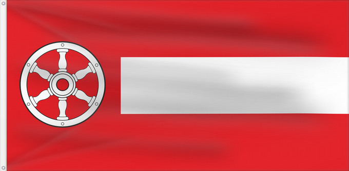 Flag, with two metal eyelets and reinforced hoist: Kreisfreien Stadt Erfurt laut Hauptsatzung German city of Erfurt The flag shows three horizontal stripes of equal width in the colours red over white over red and a red vertical stripe on the leech Ville allemande d’Erfurt Erfurt Kreisfreien Stadt Erfurt