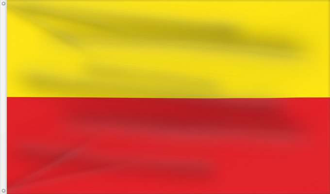 Flag, with two metal eyelets and reinforced hoist: Kreisfreien Stadt Mülheim an der Ruhr	City of Mülheim	Ville de Mülheim an der Ruhr	Stadt Mülheim an der Ruhr  Die Stadt führt ihr bisheriges Wappen und die gelbrote Stadtflagge