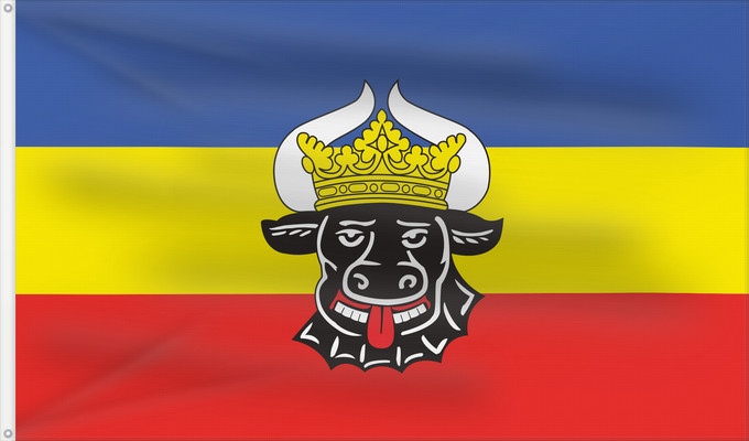 Flag, with two metal eyelets and reinforced hoist: Mecklenburg 1992 proposal Mecklenburg (1992 proposal, service flag) Mecklenburg (proposition de 1992, pavillon de service) Mecklenburg (propuesta de 1992, pabellón de servicio) Mecklenburg (1992 Entwurf, Dienstflagge) Mecklenburg (proposta 1992, bandiera