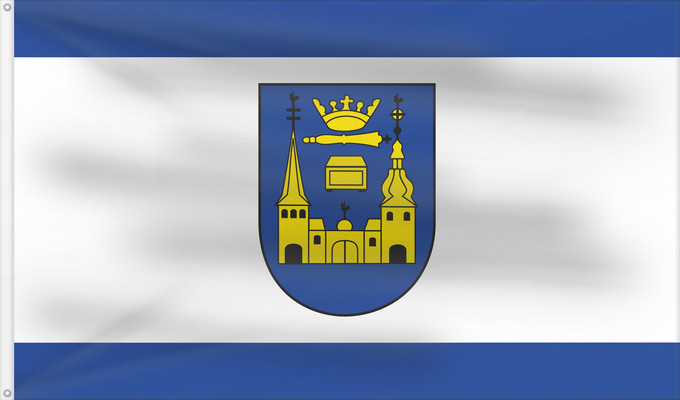 Flag, with two metal eyelets and reinforced hoist: Mettmann City of Mettmann Ville de Mettmann Stadt MettmannBeschreibung des Wappens In Blau zwei durch einen Torbau mit goldenem gelbem Tor verbundene goldene gelbe Kirchen
