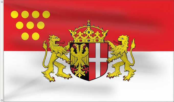 Drapeau, avec deux œillets métalliques et guindant renforcé : Neuss	Das Wappen der Stadt Neuss zeigt auf einem von Schwarz und Rot gespaltenen Schild im schwarzen  linken  Feld einen rot bewehrten