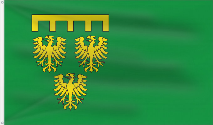 Flag, with two metal eyelets and reinforced hoist: Rommerskirchen In grün das Gemeindewappen ohne Schild