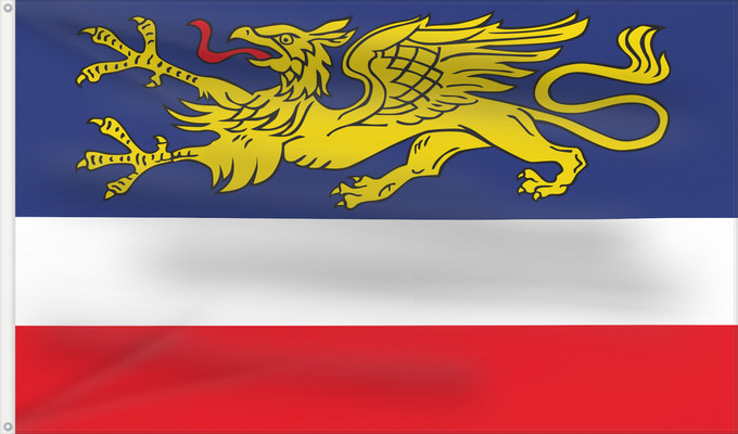 Flag, with two metal eyelets and reinforced hoist: Rostock City Rostock Ville de Rostock Hansestadt Rostock Vun de Stadt Rostock
