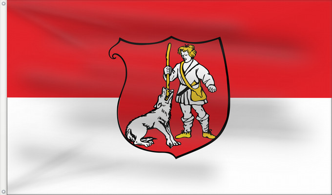 Flag, with two metal eyelets and reinforced hoist: Wuelfrath City of Wülfrath Ville de Wülfrath Wülfrath Stadt WülfrathBeschreibung des Wappens In Rot ein silbern weiß gekleideter Hirte mit goldenem gelbem Haar