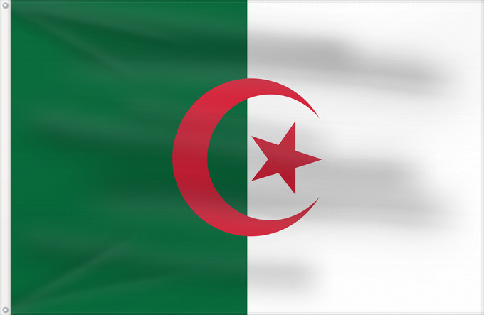 Bandera, con dos ojales metálicos y lado del asta reforzado: Algeria L Algérie Argelia Algerien Dell Algeria Algerije Argélia Algierii Vo Algérie علم الجزائر Σημαία της Αλγερίας Alĝerio Algerian דגל אלג יריה Algéria Aljazair アルジェリアの国旗 Asenǧaq n Dzayer 알제리의 국기 Drapèu d Argeria Флаг Алжира Alžirije Algeriets ⴰⵏⴰⵢ ⴰⴷⵣ