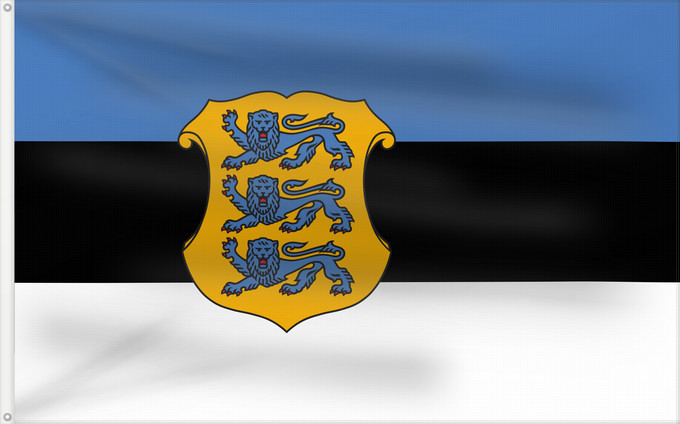Bandiera, con due occhielli metallici e lato dell'asta rinforzato: Estonia - Minister of Defence Estonian Minister of Defence Ministre de la Défense de l'Estonie Ministro de Defensa de Estonia Verteidigungsminister von Estland Ministro della Difesa dell'Estonia Kaitseministri lipp
