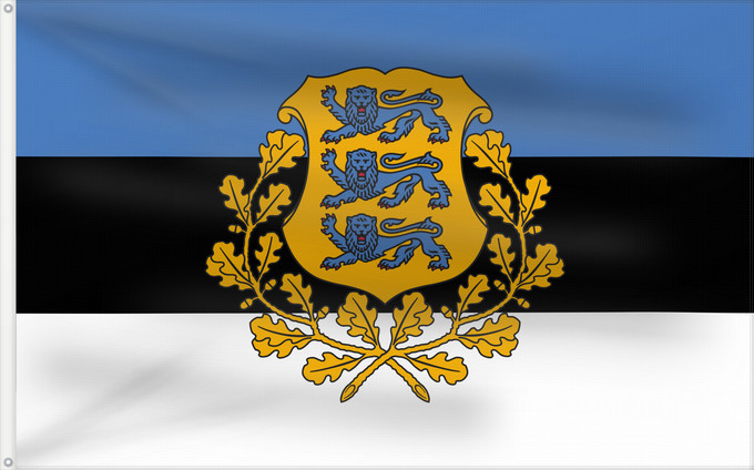 Bandiera, con due occhielli metallici e lato dell'asta rinforzato: President of Estonia Presidential Standard of Estonia Étendard présidentiel de l'Estonie Estandarte Presidencial de Estonia Standarte des estnischen Präsidenten Stendardo presidenziale dell'Estonia