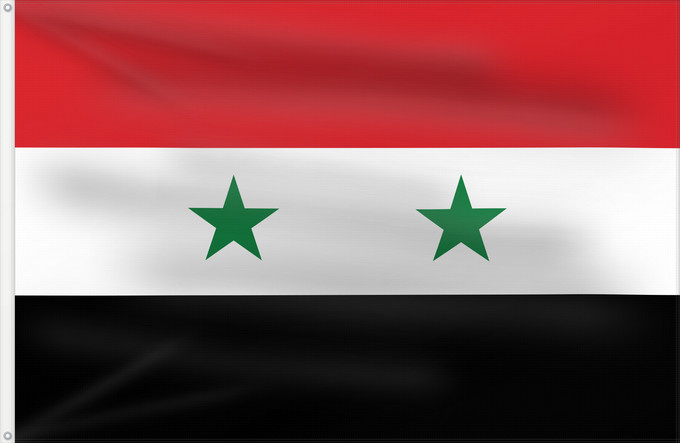 Flag, with two metal eyelets and reinforced hoist: United Arab Republic United Arab Republic 1958–1961. This was readopted as the flag of Syria in 1980 República Árabe Unida 1958-1961 علم الجمهورية العربية المتحدة ١٣٧٧-١٣٨٠ República Árabe Xunida 1958-1961 República Àrab Unida 1958-1961