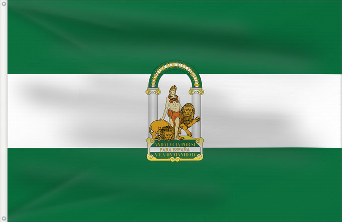 Bandera, con dos ojales metálicos y lado del asta reforzado: Andalucía	Autonomous Comunity of Andalusia  Spain	Andalusia	Comunidad Autónoma de Andalucía  España