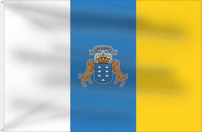 Bandera, con dos ojales metálicos y lado del asta reforzado: Canary Islands Communauté autonome des îles Canaries Espagne Comunidad Autónoma de Canarias España Kanarischen Inseln Isole Canarie カナリア諸島自治州の州旗。