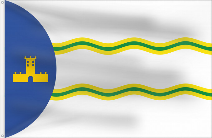 Bandera, con dos ojales metálicos y lado del asta reforzado: Abejuela	Abejuela  Teruel