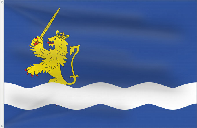 Flag, with two metal eyelets and reinforced hoist: Agón	Municipal de Agón  Zaragoza  Paño azul de proporción 2/3, en cuyo tercio inferior hay una faja ondulada blanca de la que emerge