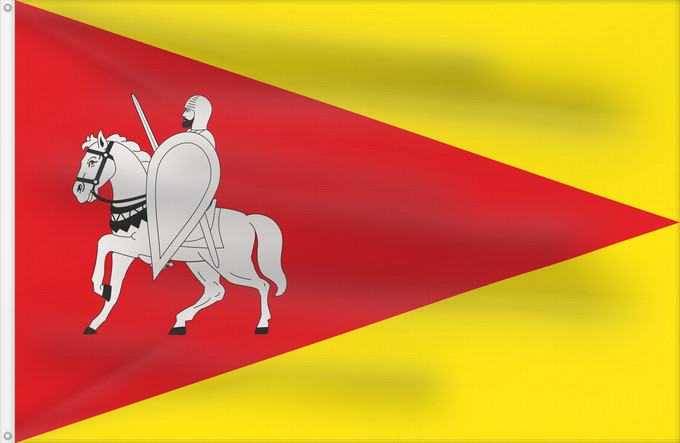 Bandera, con dos ojales metálicos y lado del asta reforzado: Agüero Agüero-Huesca-Spain Agüero; Paño de proporción 2/3, jironado al asta