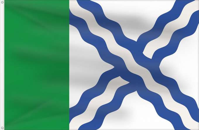 Bandera, con dos ojales metálicos y lado del asta reforzado: Albalatillo Albalatillo De proporciones 2/3, siendo el tercio del asta de color verde y el resto blanco con un aspa ondada de tres