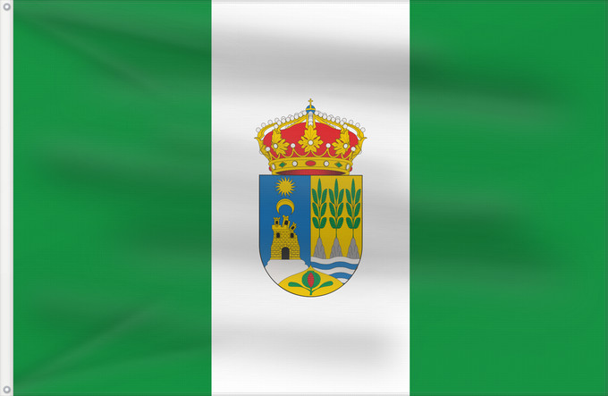 Bandera, con dos ojales metálicos y lado del asta reforzado: Albanchez Spain	Albanchez, in Almería province, Spain	Albanchez	Paño de proporciones 2/3  alto por largo  dividido en tres franjas verticales de igual anchura Blanca la central y verdes las exteriores