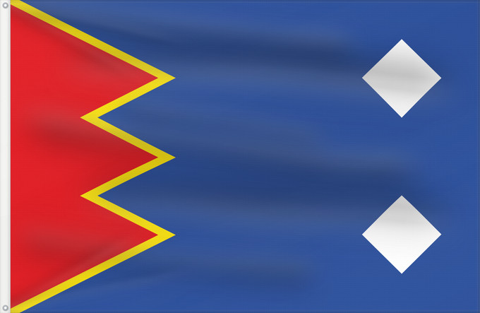 Bandera, con dos ojales metálicos y lado del asta reforzado: Arcos de las Salinas	Arcos de las Salinas - Teruel - Spain	Arcos de las Salinas - Teruel - España paño de proporción 2/3, azul; al tercio del asta un dentado rojo de tres
