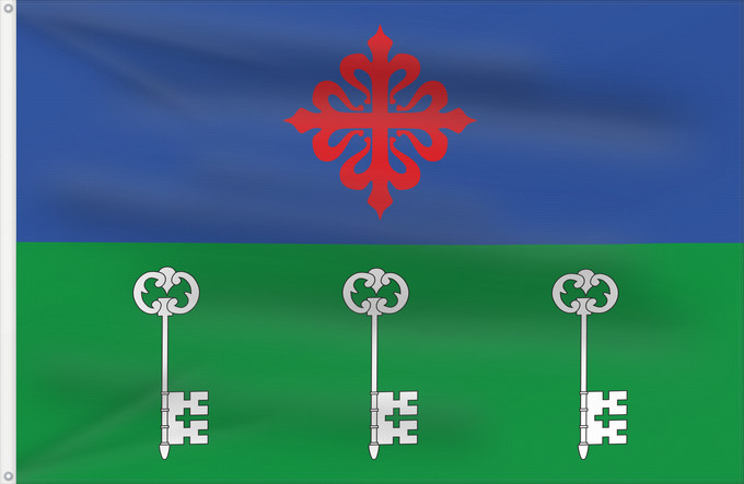 Bandera, con dos ojales metálicos y lado del asta reforzado: El Valle Spain	El Valle, in Granada province, Spain	El Valle	Paño de proporciones 3 2  largo por ancho  dividido horizontalmente en dos franjas de igual anchura Azul la superior