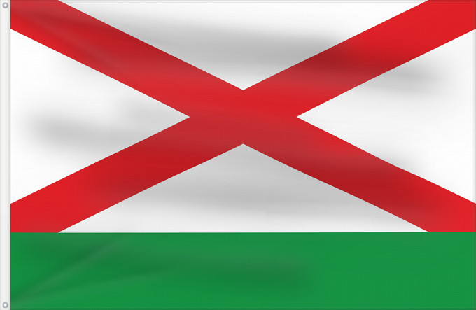 Bandera, con dos ojales metálicos y lado del asta reforzado: Fresno de Sayago Spain Fresno de Sayago, in Zamora province, Spain Fresno de Sayago Rectangular de proporciones 2 3, formada por dos franjas horizontales en proporciones 3/4 y 1/4, siendo blanca con aspa roja completa la superior y verde la inferior