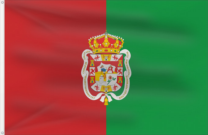 Bandera, con dos ojales metálicos y lado del asta reforzado: Granada2	City of Granada  Spain	La ville de Grenade est formé de deux bandes verticales d égale largeur  la première	Ciudad de Granada  España  Bandera es de color carmesí y verde	Granada
