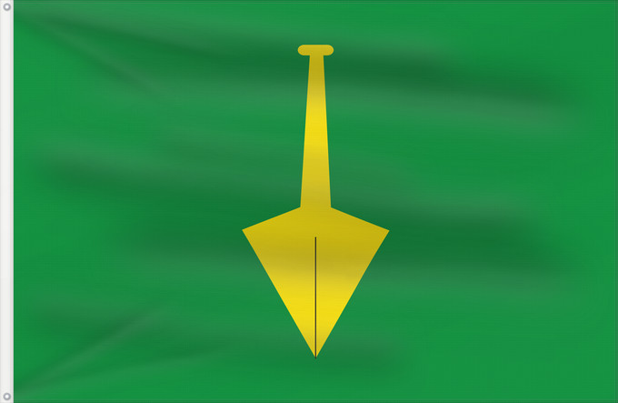 Bandera, con dos ojales metálicos y lado del asta reforzado: Les Masies de Voltregà Apaisada Apaïsada de proporcions dos d alt per tres de llarg