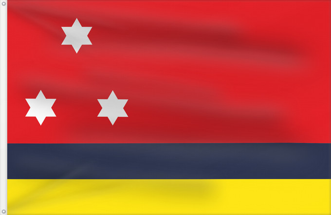Bandera, con dos ojales metálicos y lado del asta reforzado: Monistrol de Montserrat Apaisada Apaïsada de proporcions dos d alt per tres de llarg
