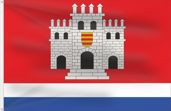 Bandera, con dos ojales metálicos y lado del asta reforzado: Montemayor	Montemayor, Spain	Montemayor  España  Paño de proporciones 2/3  ancho por largo  con tres franjas horizontales de color rojo