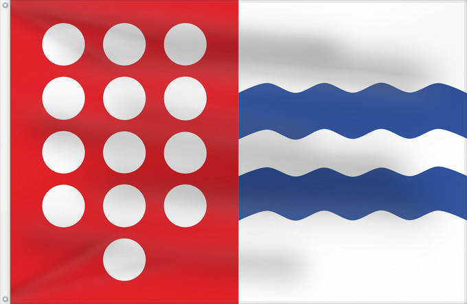 Bandera, con dos ojales metálicos y lado del asta reforzado: Pomar de Valdivia	Pomar de Valdivia  Palencia, Spain	Municipal de Pomar de Valdivia  Palencia
