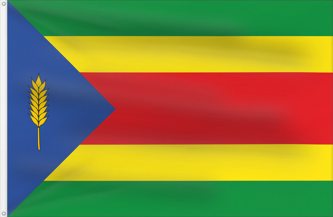 Bandera, con dos ojales metálicos y lado del asta reforzado: Sangarrén Sangarrén-Huesca Paño de proporción 2/3, formado por cinco franjas horizontales