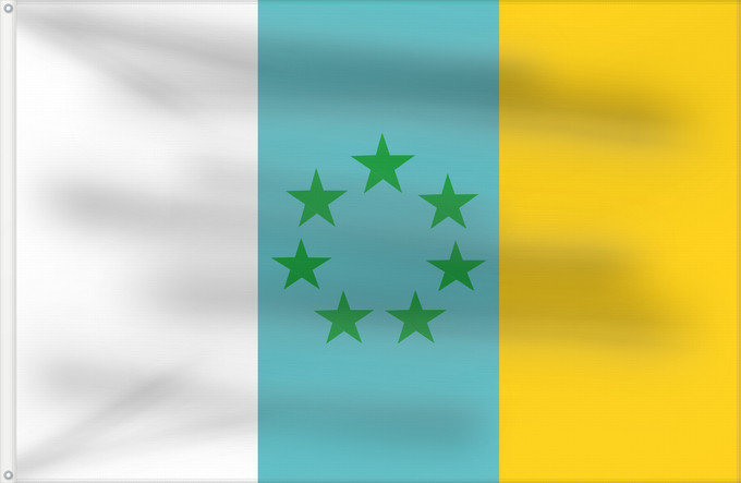 Bandera, con dos ojales metálicos y lado del asta reforzado: Siete Estrellas Verdes Seven Green Stars (Canary Nationalist) Sept Étoiles Vertes (Nationaliste Canari) Esta es la bandera nacionalista canaria Sieben Grüne Sterne (Kanarisch-Nationalistisch) Sette Stelle Verdi (Nazionalista Canaria)