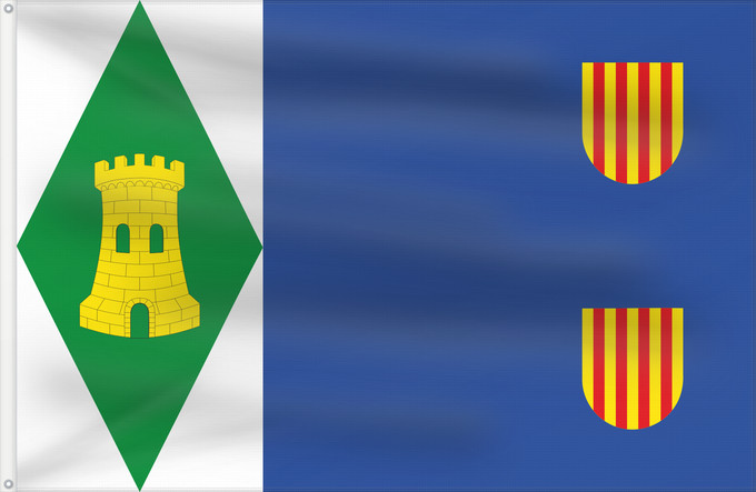 Bandera, con dos ojales metálicos y lado del asta reforzado: Torrijo del Campo	Torrijo del Campo Paño azul de proporciones 2 3, con dos escudetes del Señal Real de Aragón