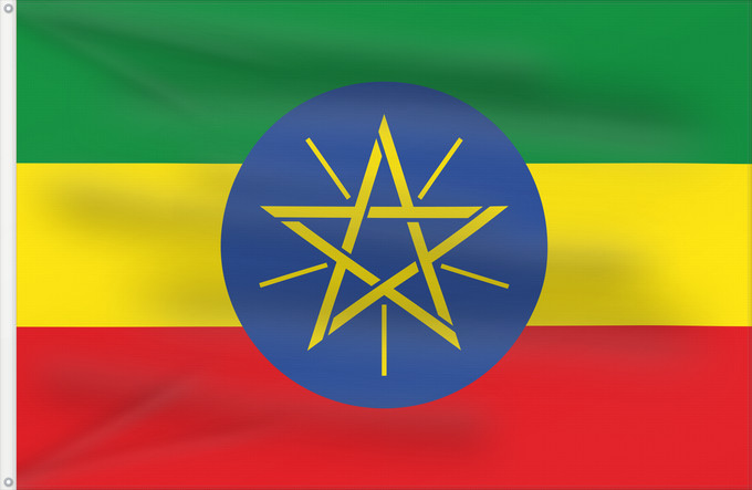Flag, with two metal eyelets and reinforced hoist: Ethiopia	Éthiopie	Etiopía	Äthiopien	Dell Etiopia	የኢትዮጵያ ሰንደቅ ዓላማ	Etiopie	Σημαία της Αιθιοπίας	Alaabaa Itoophiyaa	Itoobiya	Etiopiens