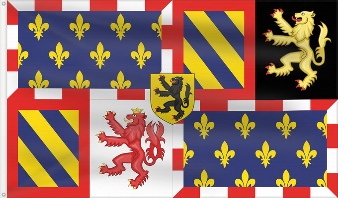 Flag, with two metal eyelets and reinforced hoist: Borgoña Burgundy Bourgogne Burgund Borgogna Top left and bottom right New Burgundy—blue