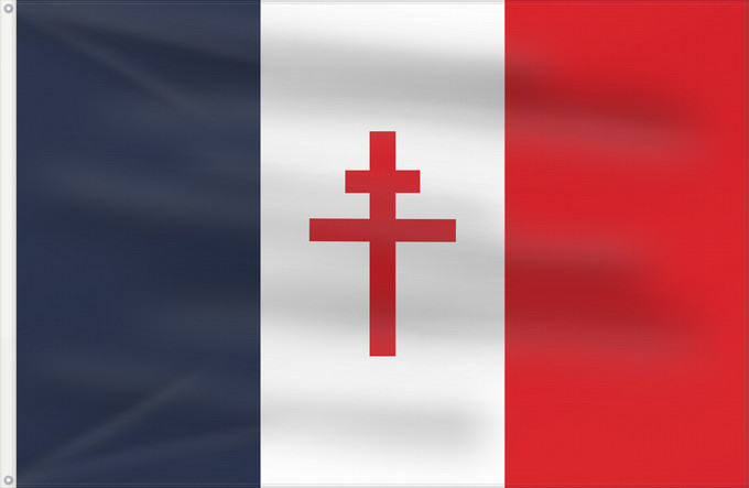 Flag, with two metal eyelets and reinforced hoist: Free France 1940-1944 Free France (1940-1944) France Libre (1940-1944) Francia Libre (1940-1944) Freies Frankreich (1940-1944) Francia Libera (1940-1944) Used by the Free French Forces during the Second World War