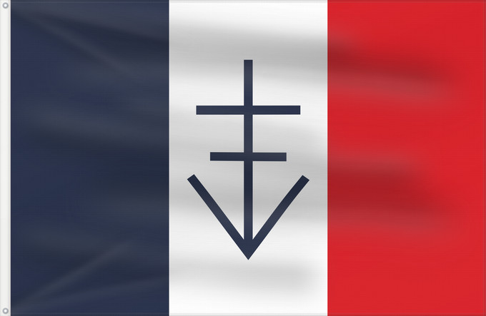 Flag, with two metal eyelets and reinforced hoist: Free Republic of Vercors Free Republic of Vercors June-July 1944 - the design depicted the French Republic tricolour featuring an emblem consisting of the cross of Lorraine surmonted by the letter V République Libre du Vercors - juin-juillet 1944 Répu