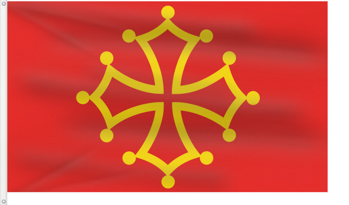 Bandiera, con due occhielli metallici e lato dell'asta rinforzato: Midi-Pyrénées	Region Midi-Pyrénées in France	Région Midi-Pyrénées en France