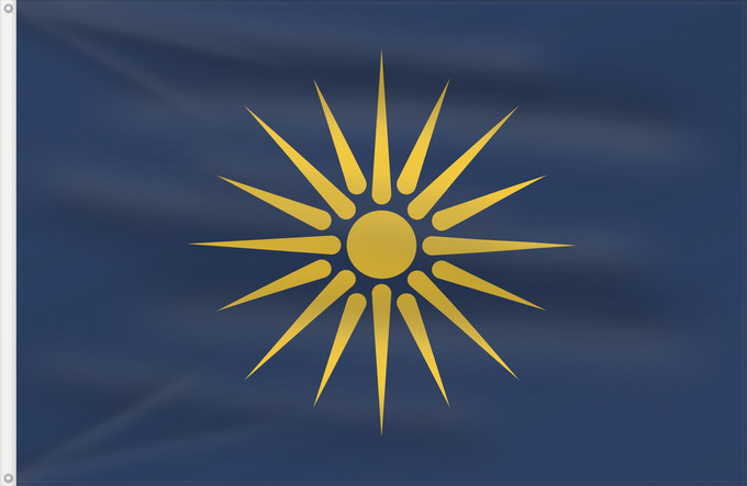 Bandera, con dos ojales metálicos y lado del asta reforzado: Greek Macedonia	Macédoine grecque	Macedonia Griega	Griechisch-Mazedonien	Macedonia Greca	Η σημαία της Μακεδονίας  Ελληνικό διαμέρισμα	Сонцето од Кутлеш на сина позадина	Флаг греческой Македонии