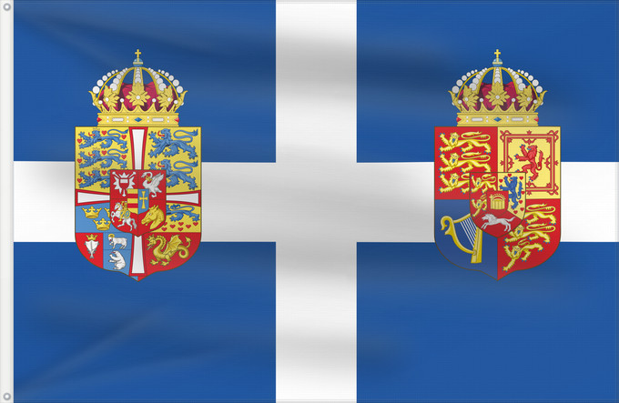 Flag, with two metal eyelets and reinforced hoist: Personal flag of Queen Frederica of Greece The Personal flag of Queen consort Frederica of Greece Drapeau personnel de la reine Frédérique de Grèce Bandera personal de la Reina Federica de Grecia Persönliche Flagge von Königin Friederike von Griechenland