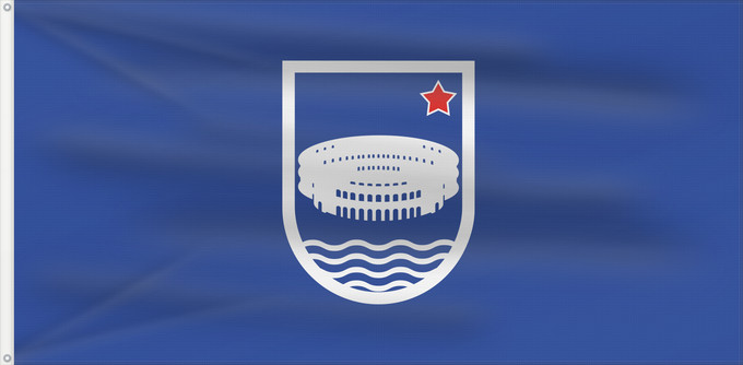 Drapeau, avec deux œillets métalliques et guindant renforcé : Pule SFRJ Municipality of Pula in the period of SFRY 1973 Pula (SFRY) (1973) Gemeinde Pula in der Zeit der SFRJ 1973 Comune di Pola nel periodo della RSFJ 1973 Općine Pule u razdoblju SFRJ 1973 Občine Pulja v obdobju SFRJ 1973