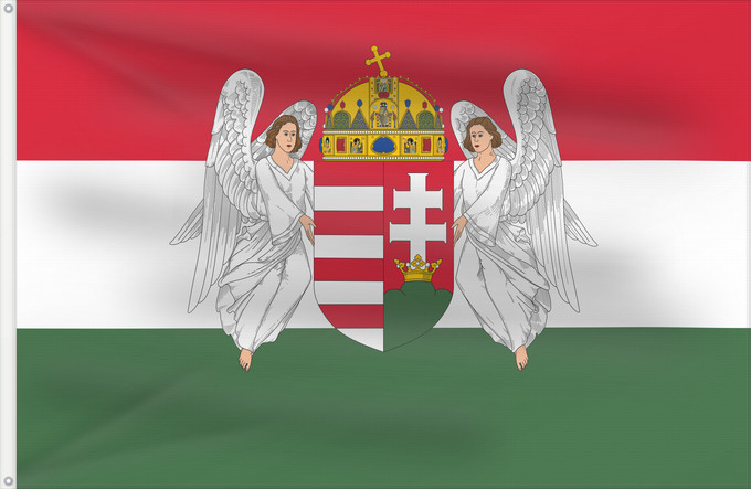 Bandiera, con due occhielli metallici e lato dell'asta rinforzato: Hungary 1867-1918 A variant of the flag of the Kingdom of Hungary used between 6 November 1915 to 29 November 1918 A Magyar Királyság 1915. november 6. és 1918. november 29. között használt zászlajának egyik változata