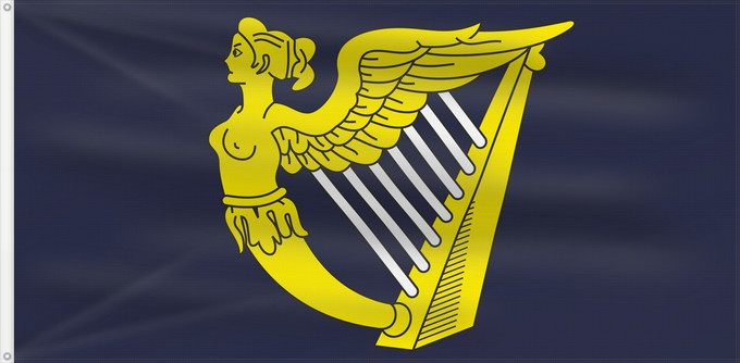 Bandera, con dos ojales metálicos y lado del asta reforzado: Blue winged-maiden harp	Royal Standard of the United Kingdom (third quartering)	Étendard royal du Royaume-Uni (troisième quartier)	Estandarte Real del Reino Unido (tercer cuartel)	Königsstandarte des Vereinigten Königreichs (drittes Viertel)	Stendardo Rea