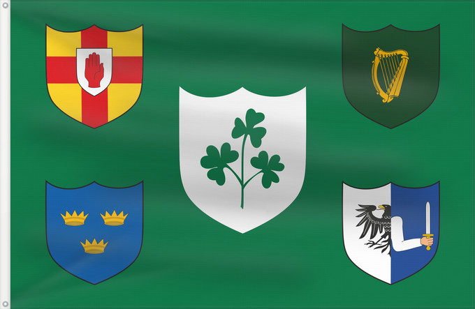 Drapeau, avec deux œillets métalliques et guindant renforcé : IRFU	IRFU flag first made public in 1925, comprised of the traditional four provinces of Ireland shields and other older elements