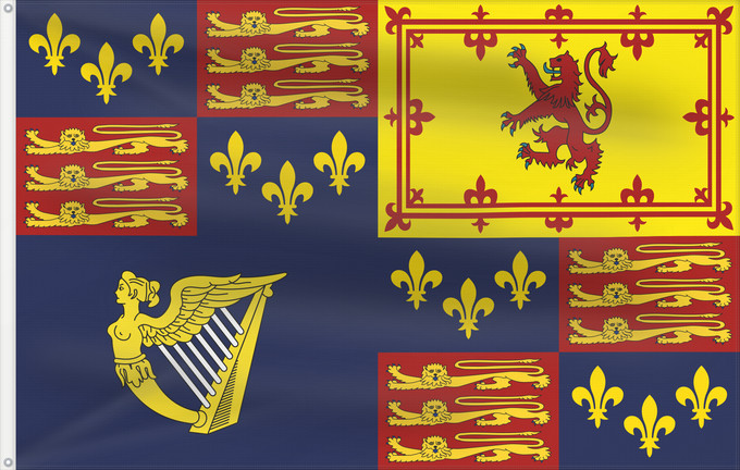Flagge, mit zwei Metallösen und verstärktem Besatzband: Royal Standard of England  1603-1649	Royal Standard of England  1603-1649, 1660-1689, 1702-1707	Étendard Royal d'Angleterre (1603-1649, 1660-1689, 1702-1707)	Estandarte Real de Inglaterra (1603-1649, 1660-1689, 1702-1707)	Königsstandarte von England (1603